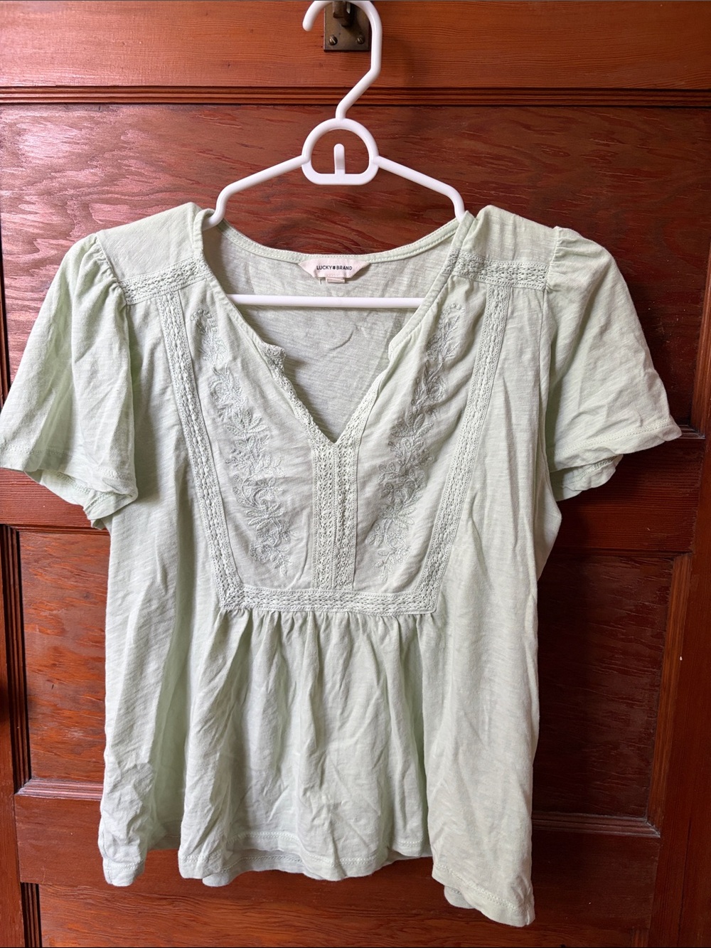 Lucky Brand Pale Green Embroidered V-Neck Peasant Top